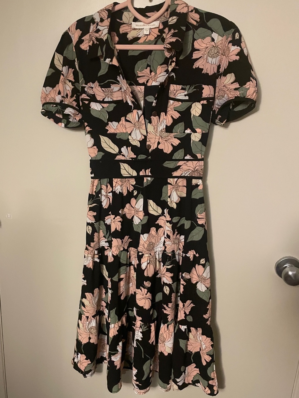 Monteau Black Midi Dress with Pink Floral Print